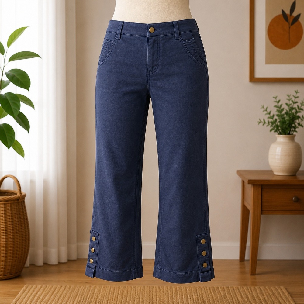 NWT Denim & Co Jeans Womens 10P Indigo Blue Crop Gold Button Hem Pull On Stretch